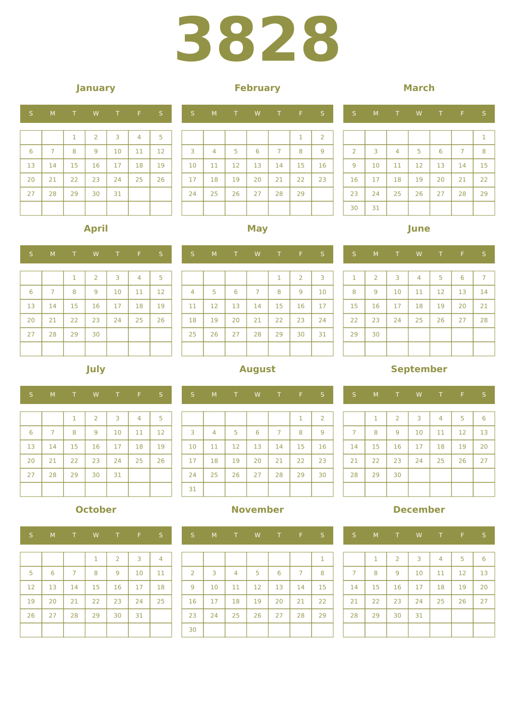 Printable 3828 Year Calendars eburnean