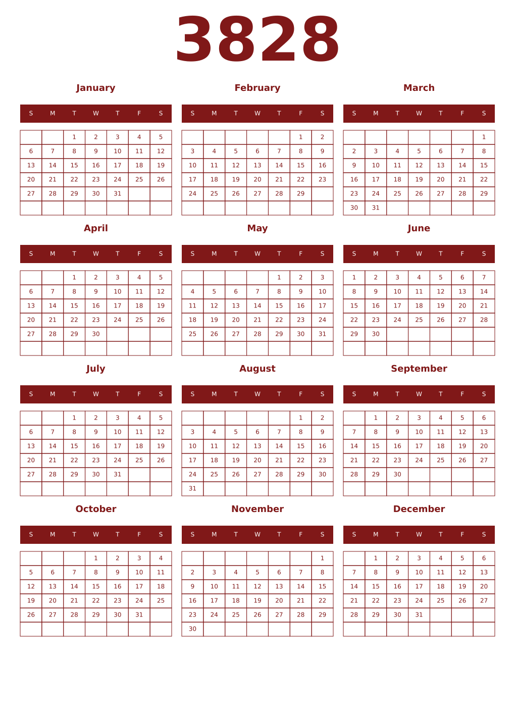 Printable 3828 Year Calendars falu