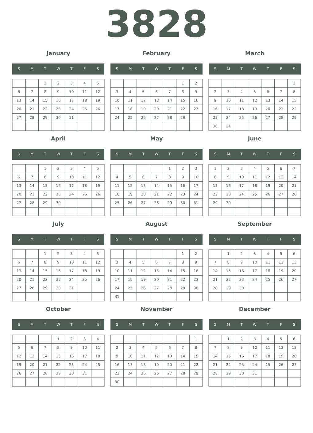 Printable 3828 Year Calendars feldgrau
