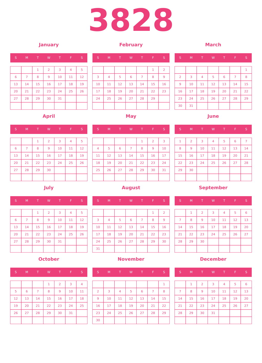 Printable 3828 Year Calendars pink