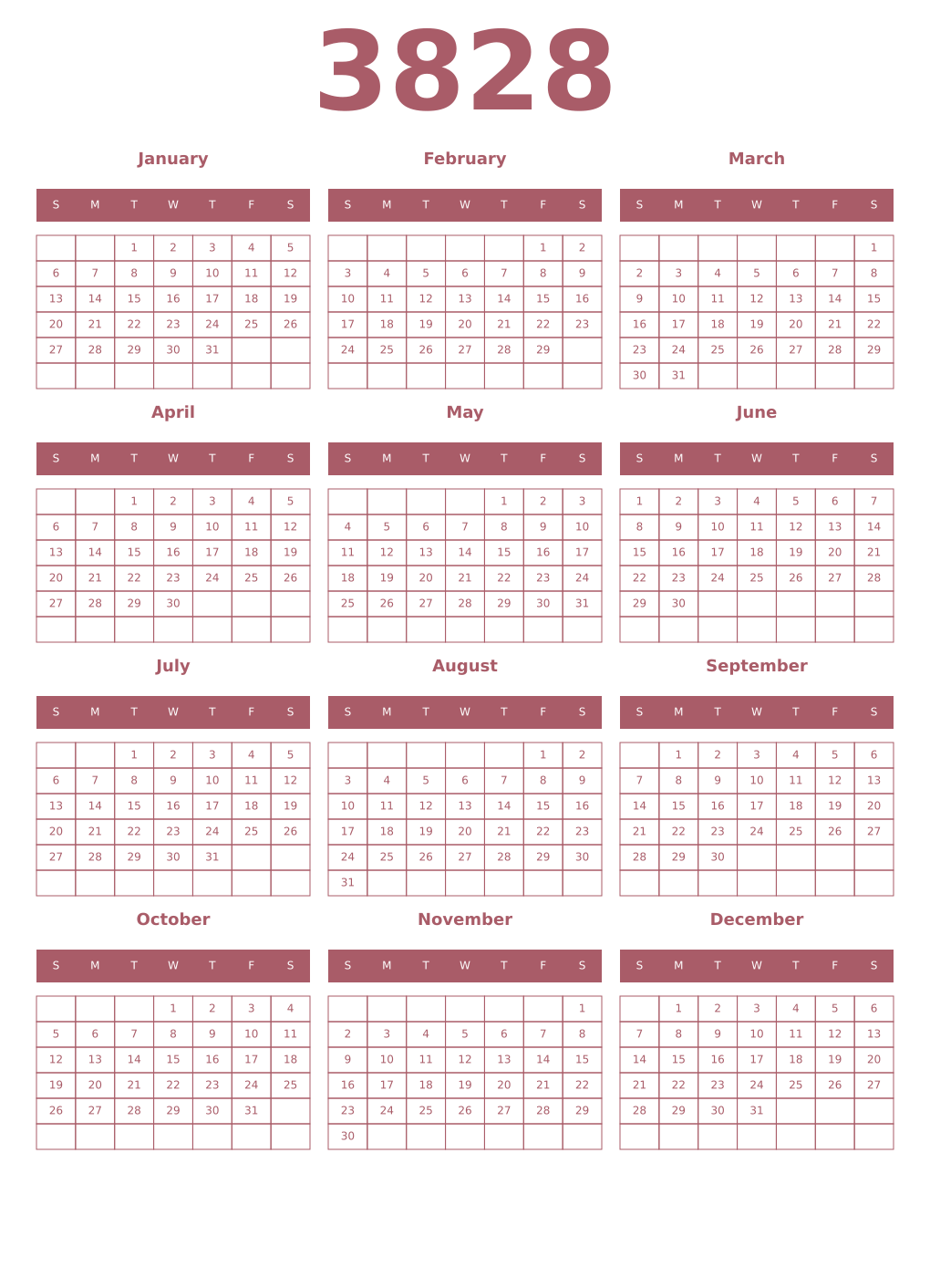 Printable 3828 Year Calendars puce