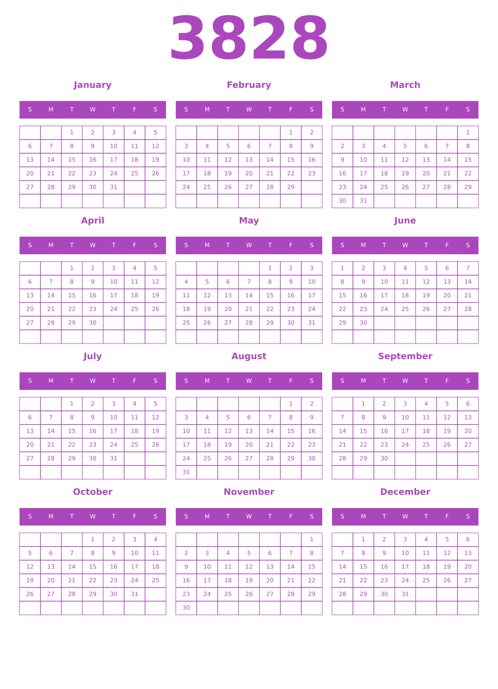 Printable 3828 Year Calendars purple