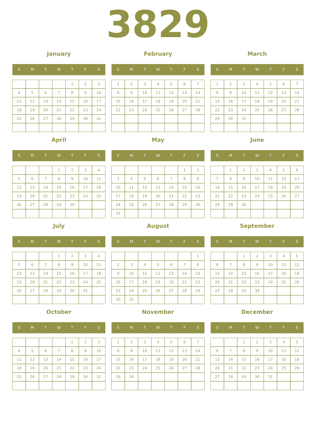 Printable 3829 Year Calendars eburnean