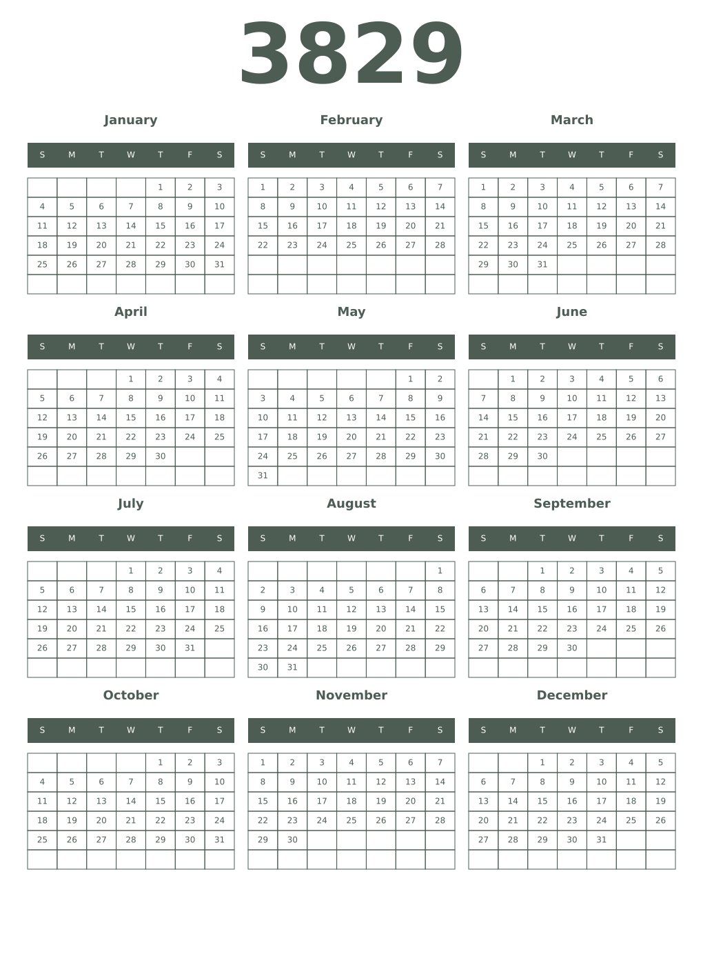 Printable 3829 Year Calendars feldgrau