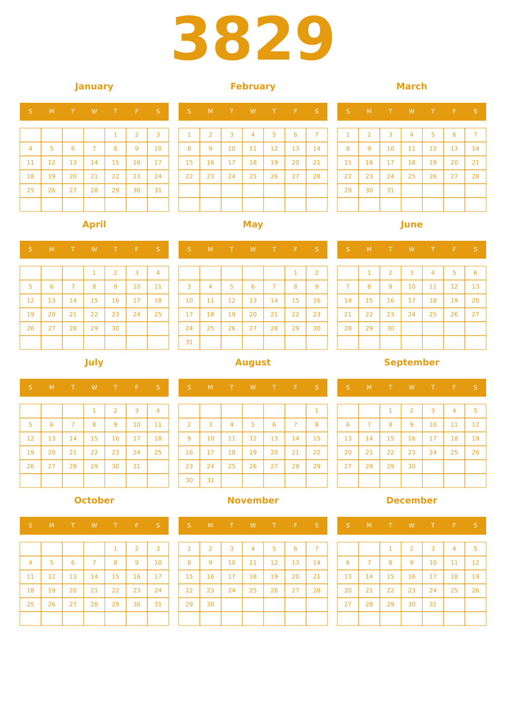 Printable 3829 Year Calendars gamboge