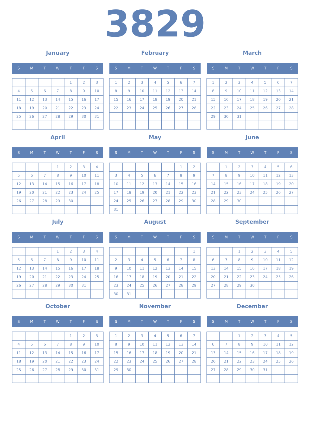 Printable 3829 Year Calendars glaucous