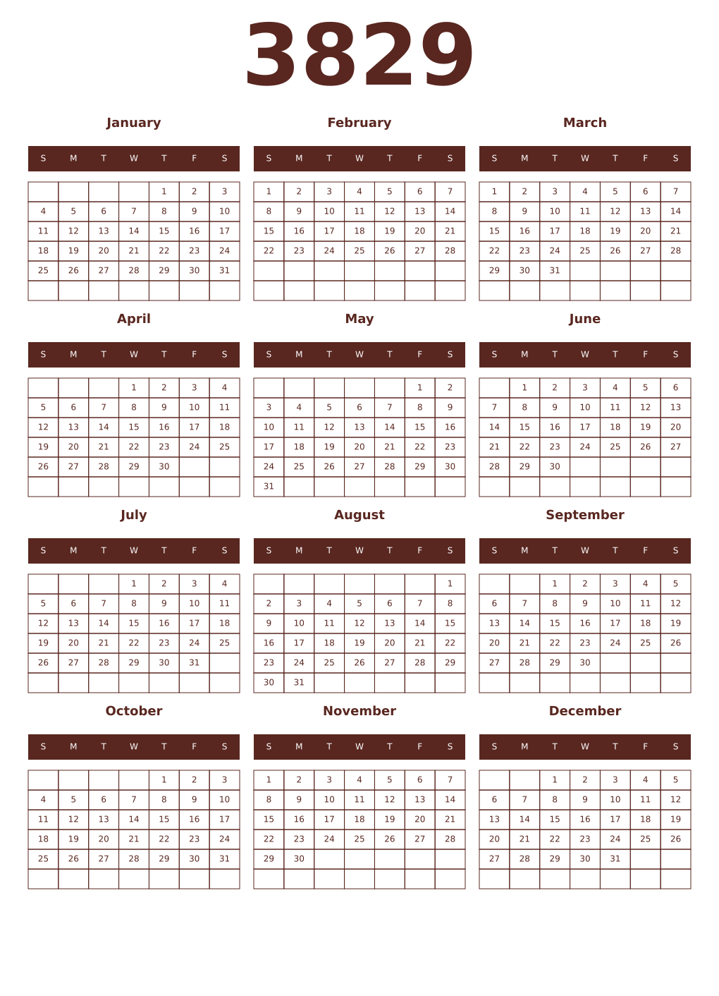 Printable 3829 Year Calendars mortuum