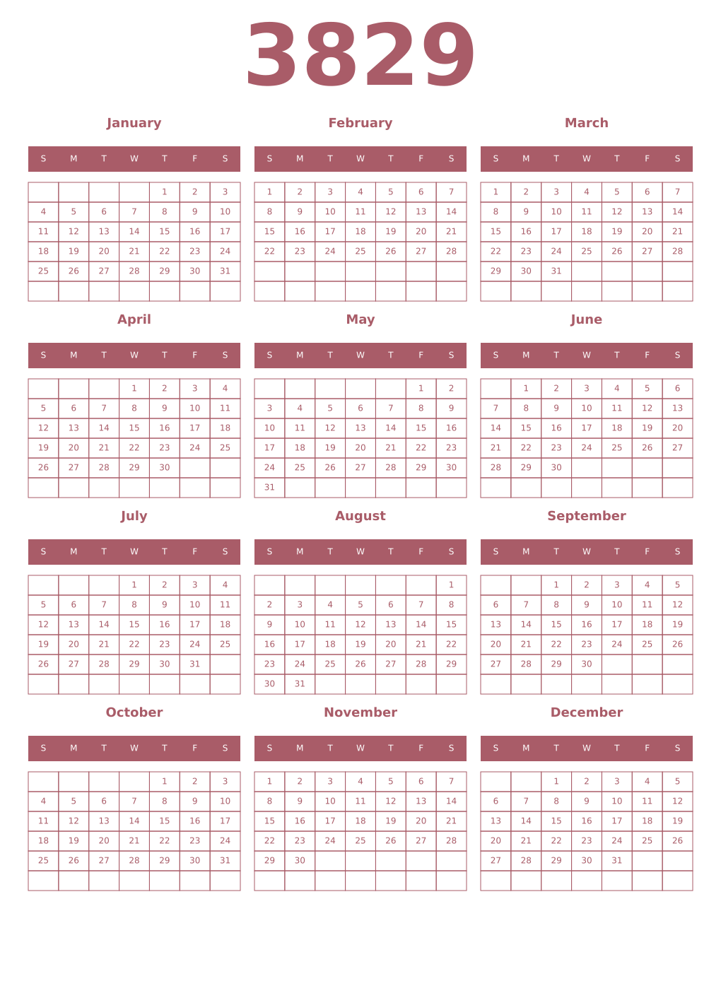 Printable 3829 Year Calendars puce