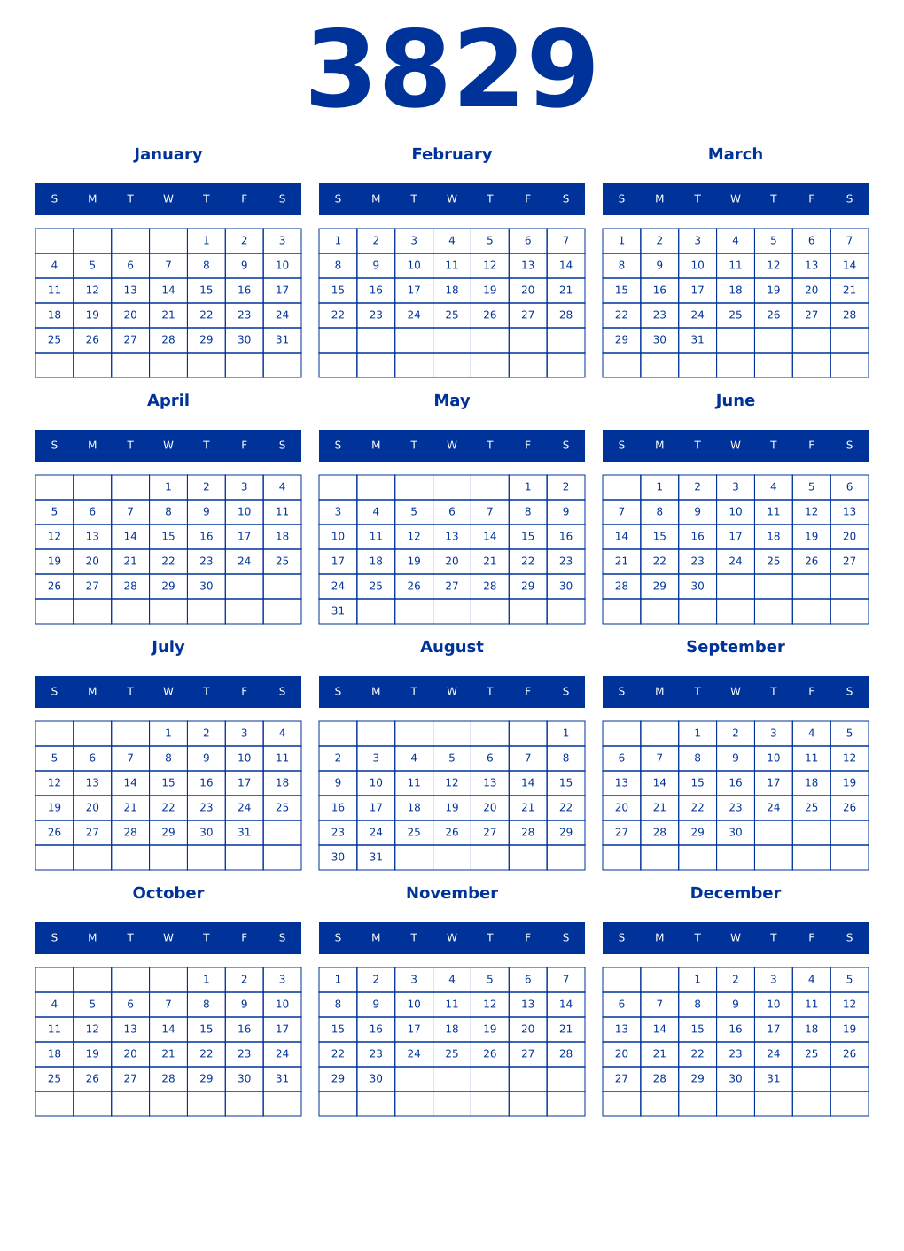 Printable 3829 Year Calendars smalt