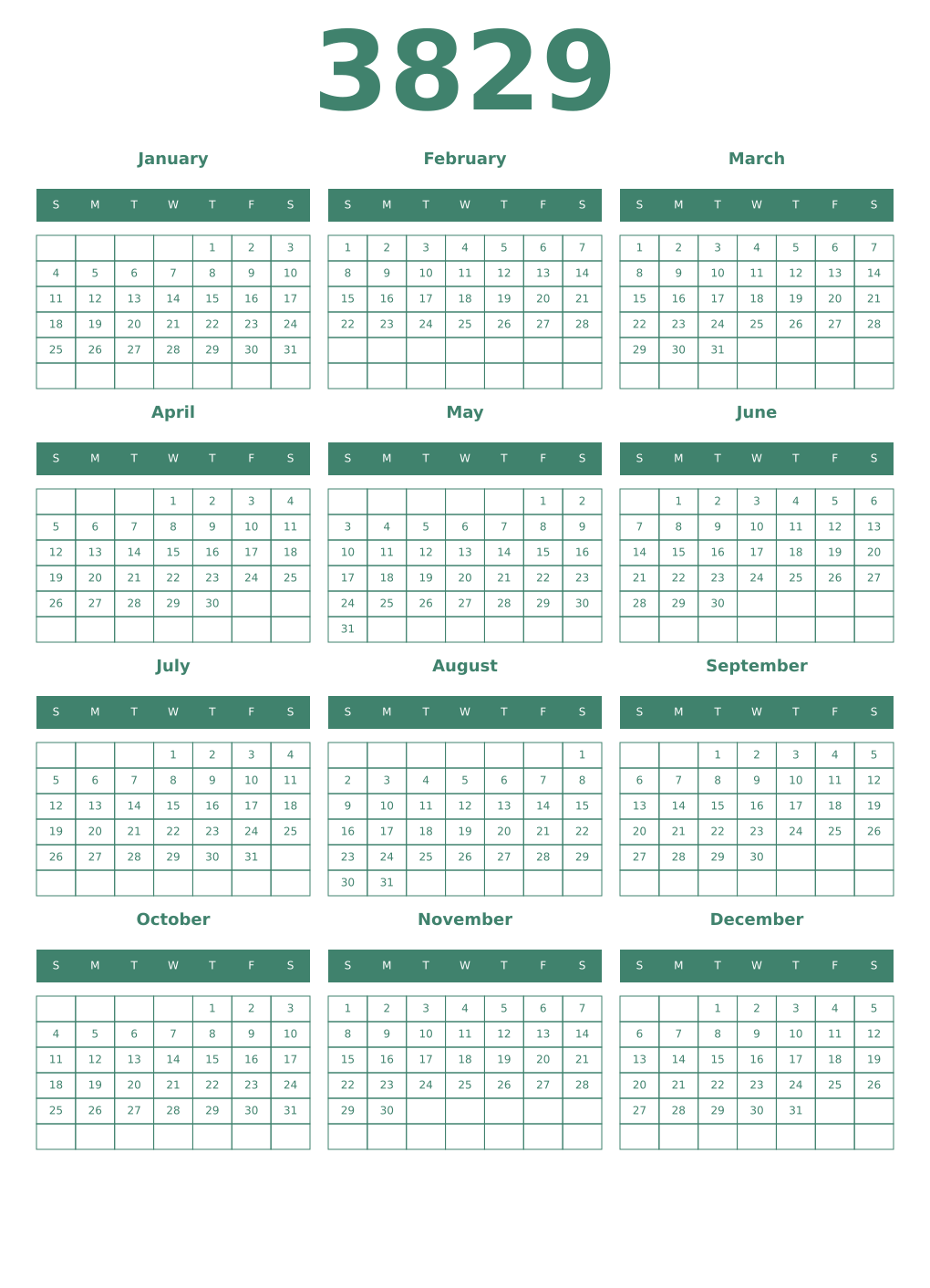Printable 3829 Year Calendars viridian