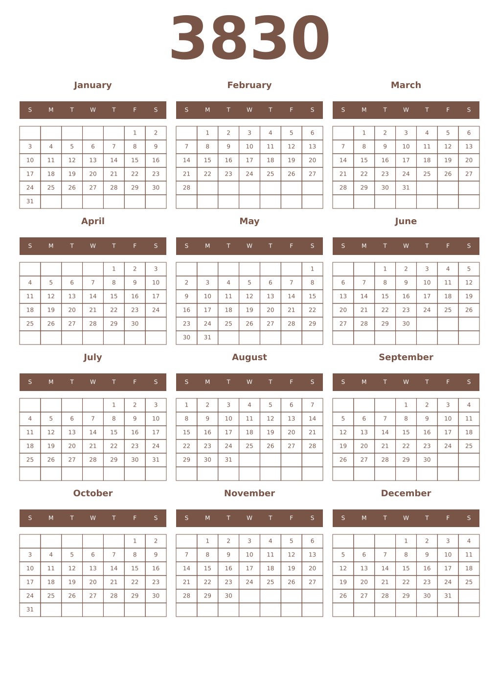 Printable 3830 Year Calendars coffe
