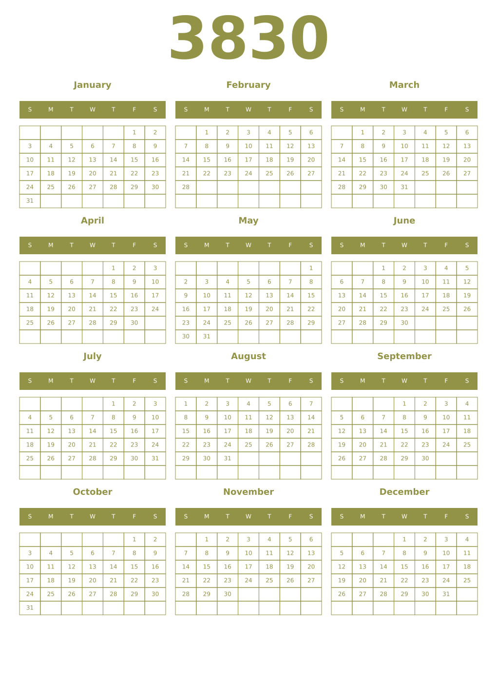 Printable 3830 Year Calendars eburnean