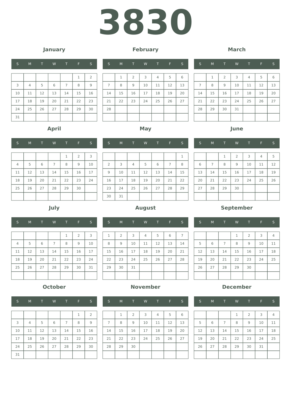 Printable 3830 Year Calendars feldgrau