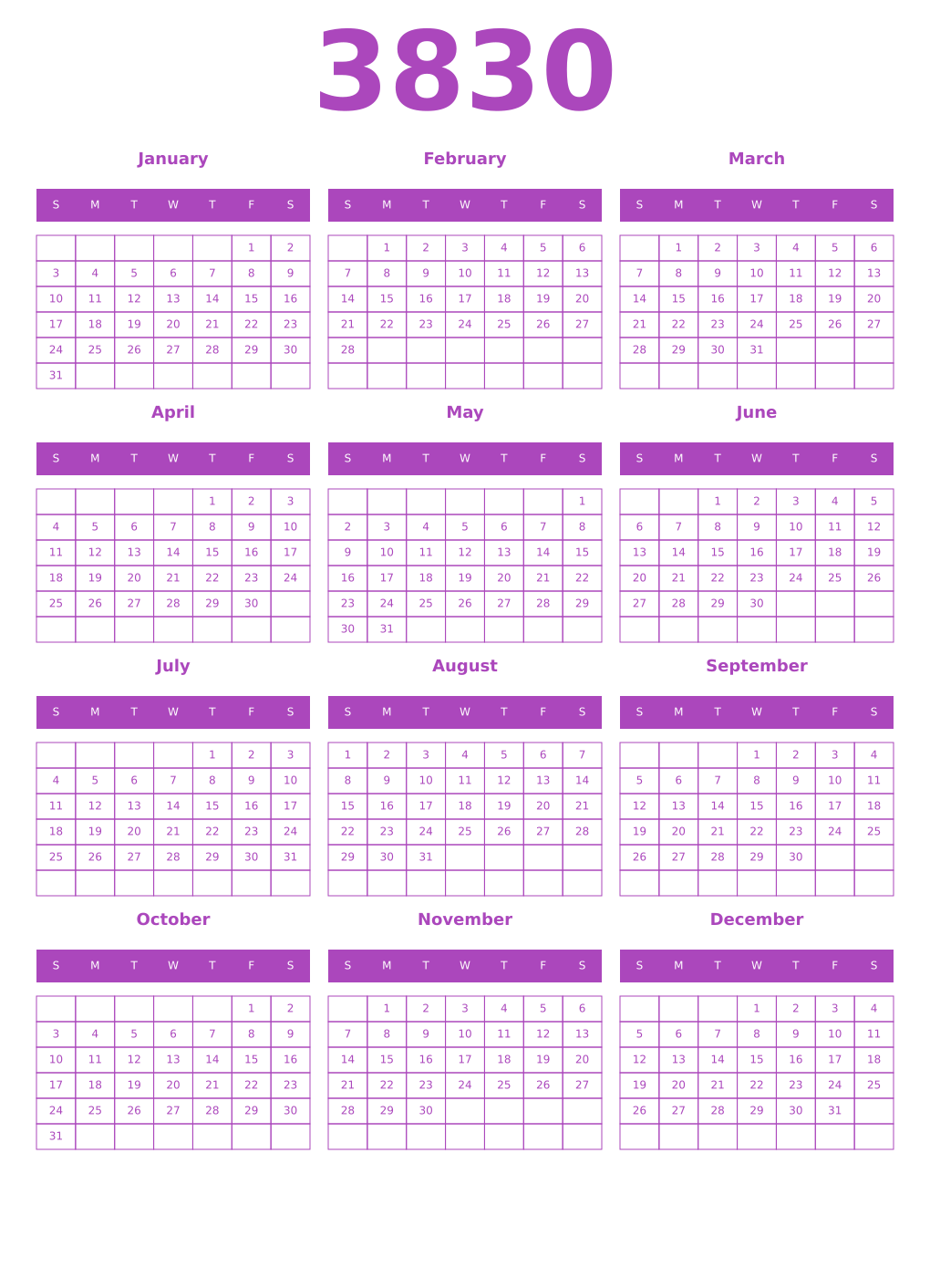 Printable 3830 Year Calendars purple