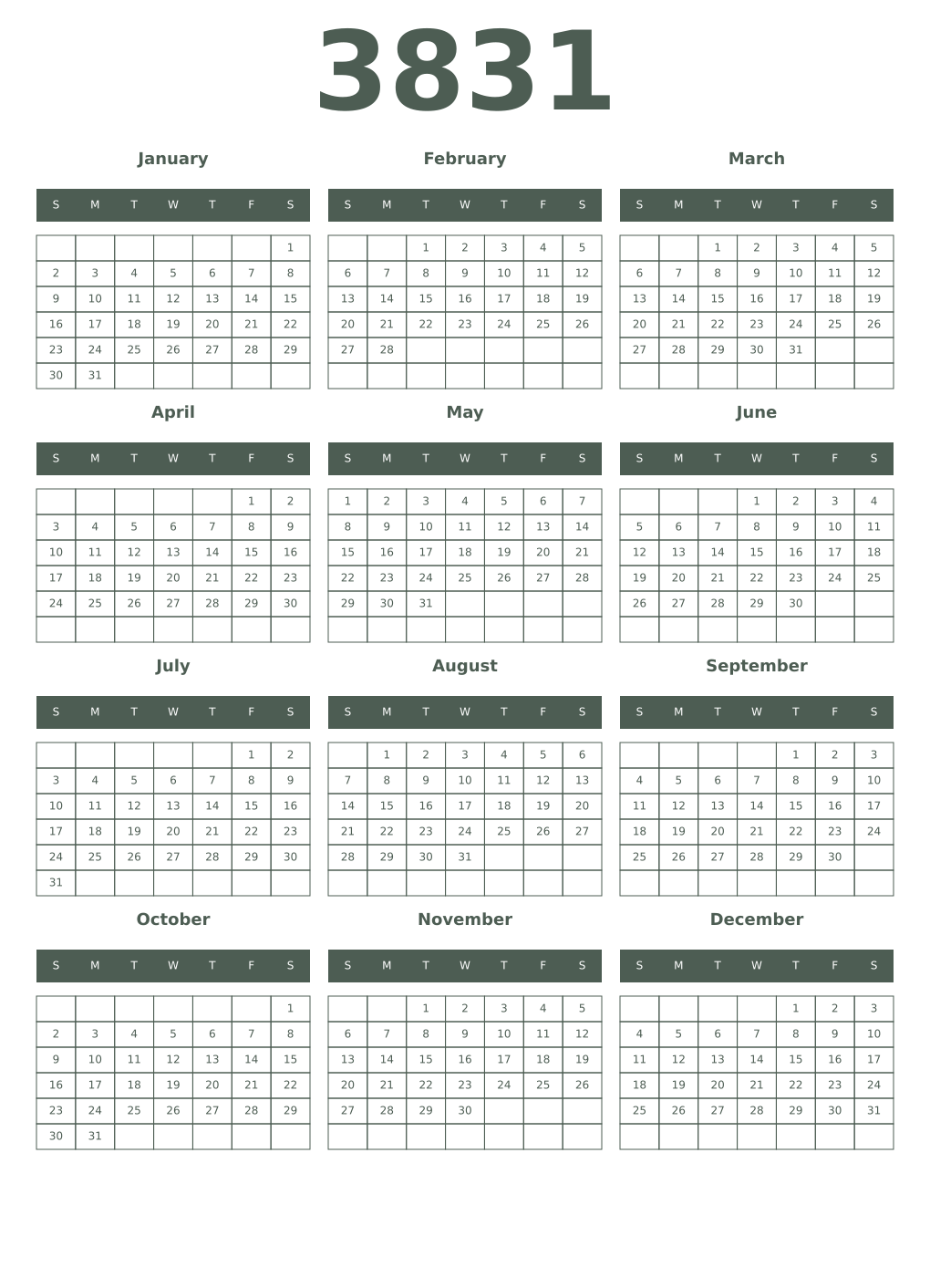 Printable 3831 Year Calendars feldgrau