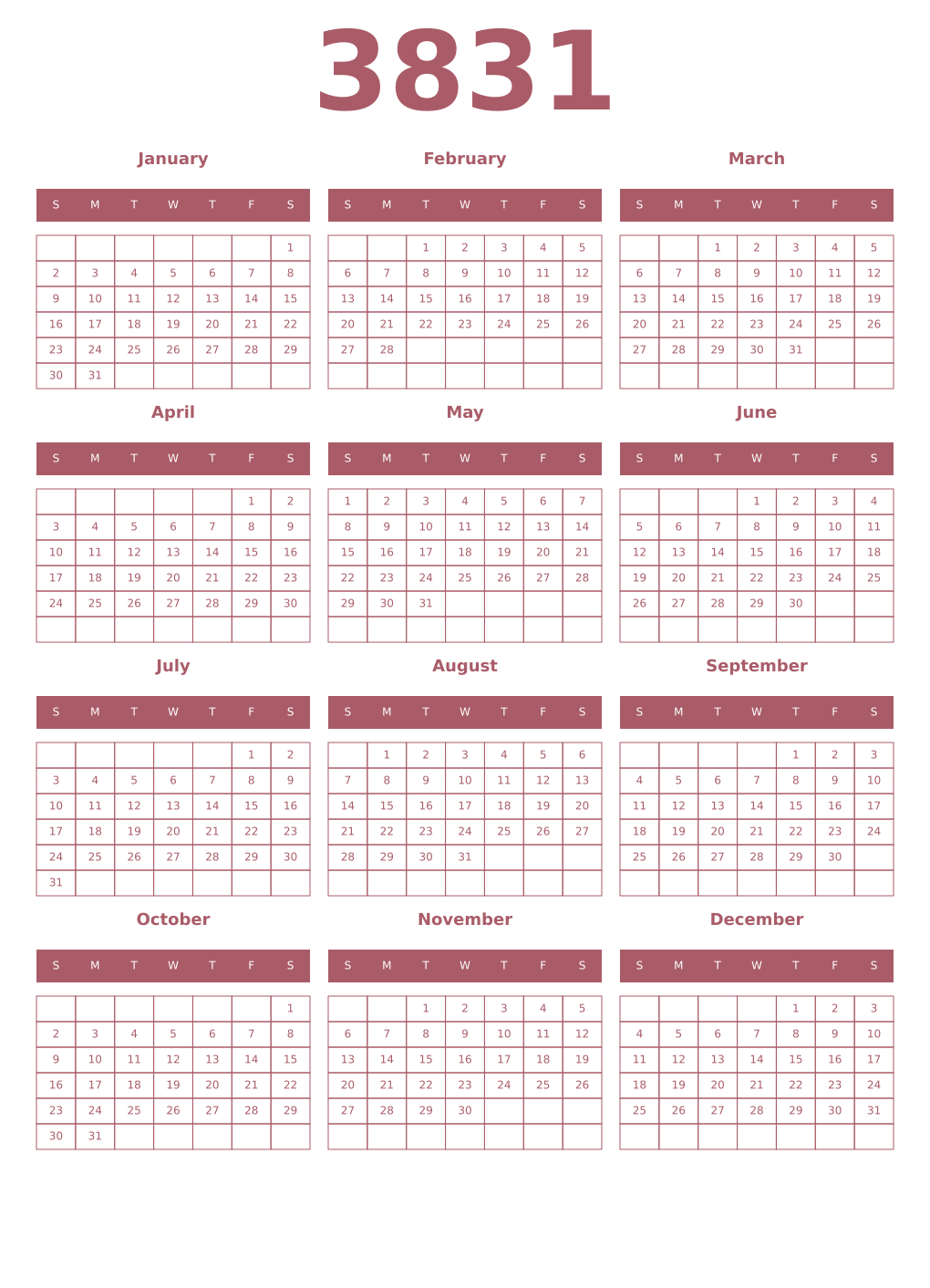Printable 3831 Year Calendars puce