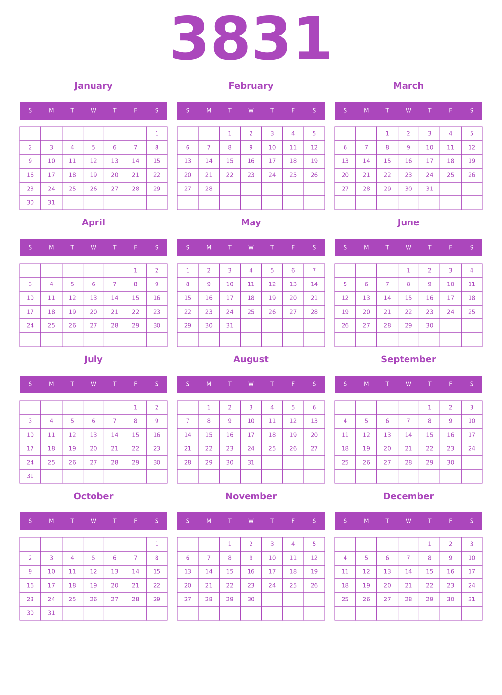 Printable 3831 Year Calendars purple