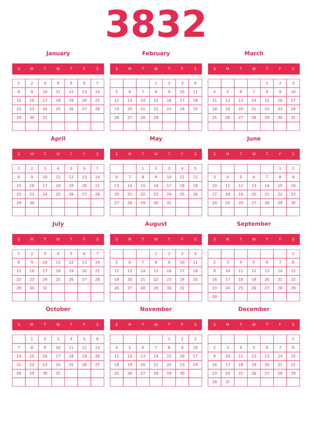 Printable 3832 Year Calendars amaranth