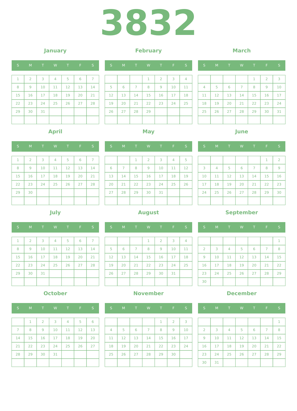 Printable 3832 Year Calendars celadon