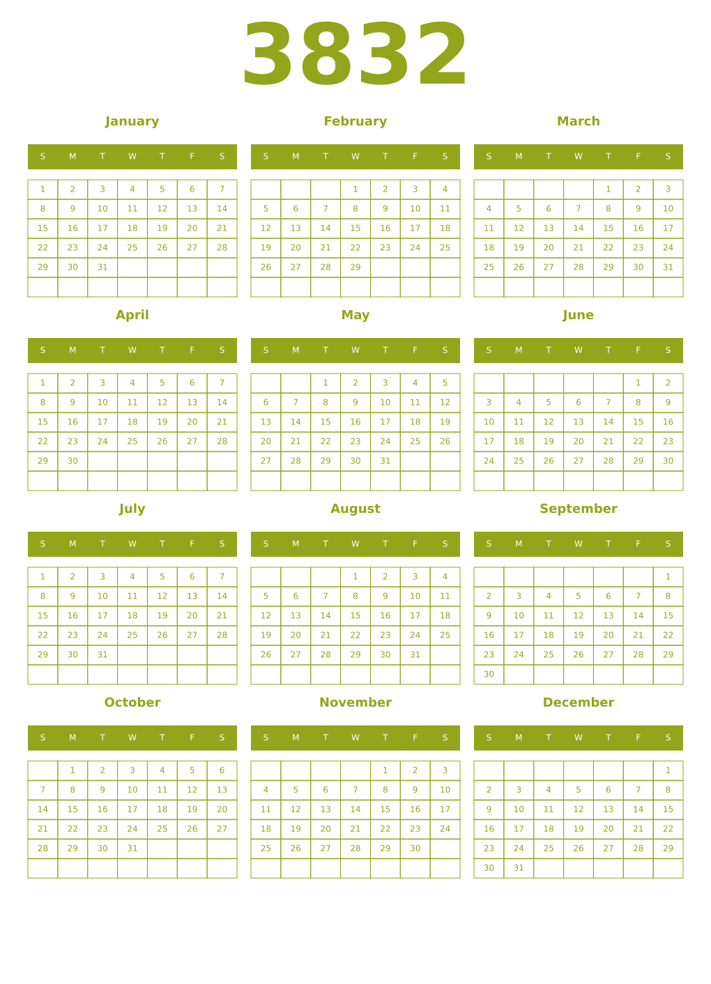 Printable 3832 Year Calendars chartreuse