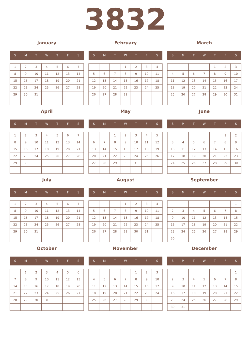 Printable 3832 Year Calendars coffe