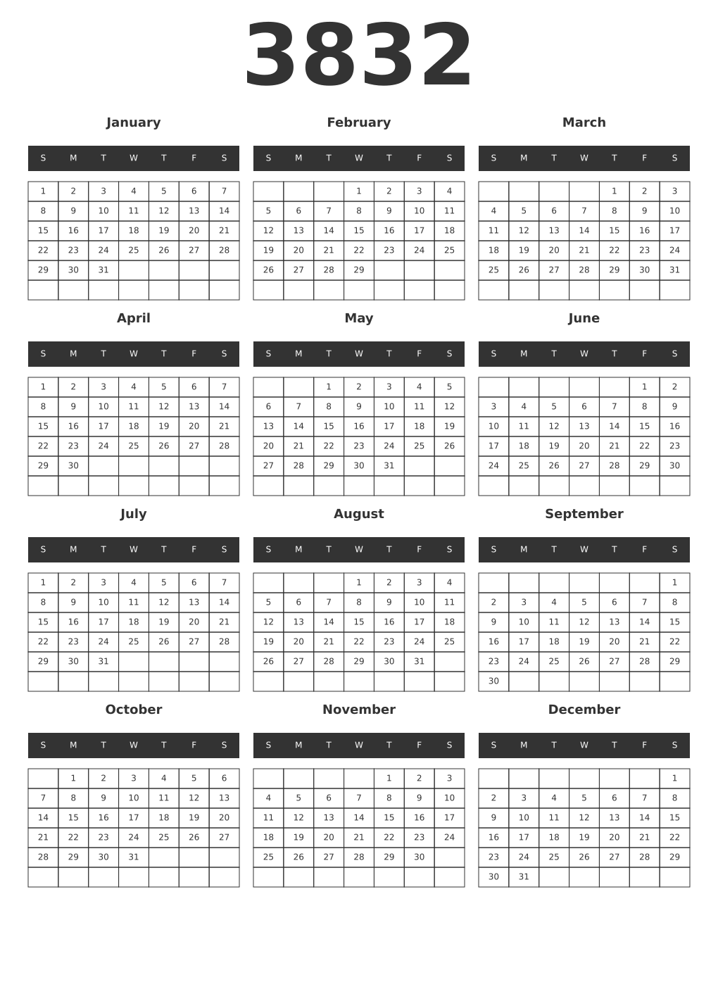 Printable 3832 Year Calendars dark