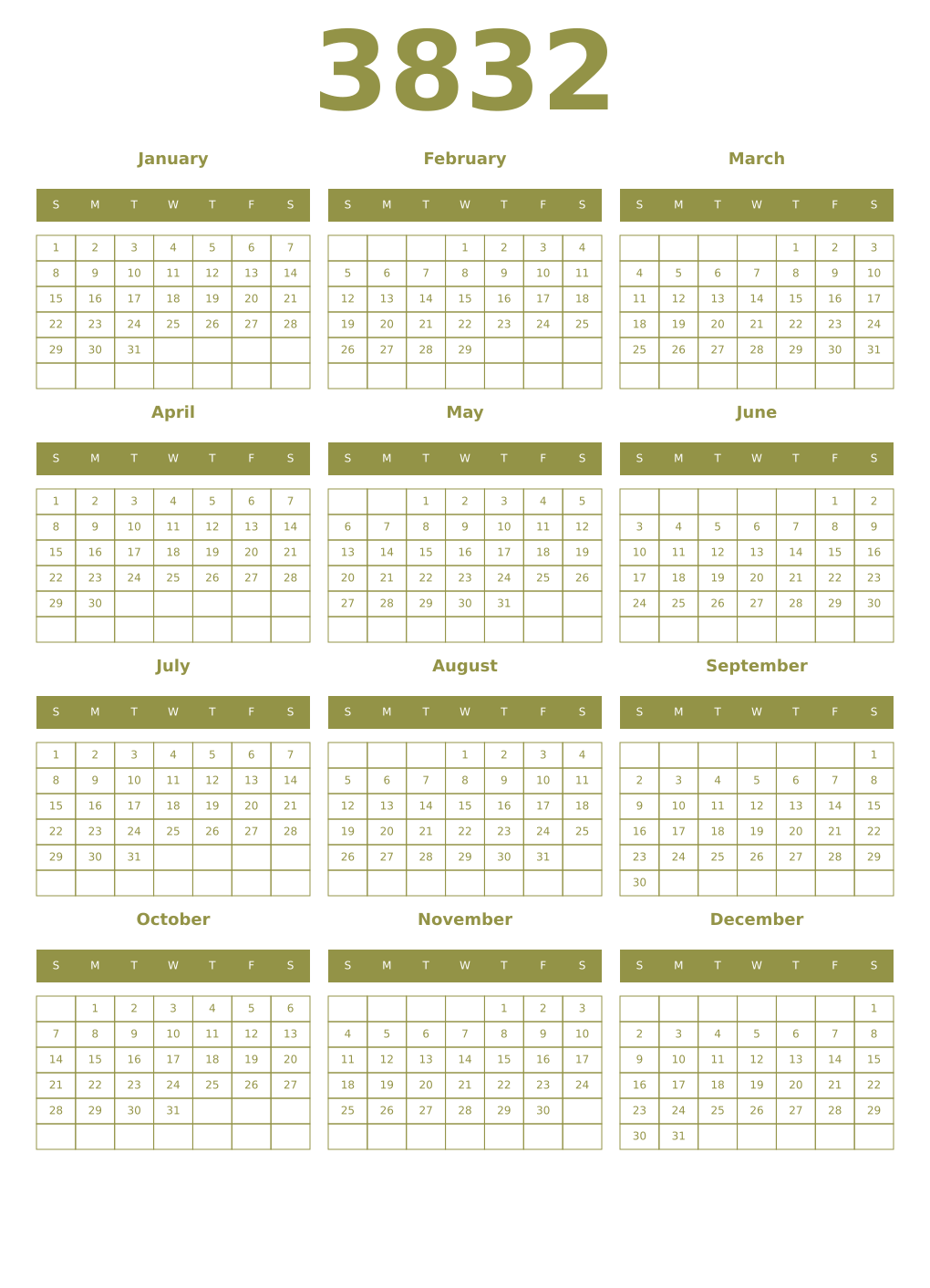 Printable 3832 Year Calendars eburnean