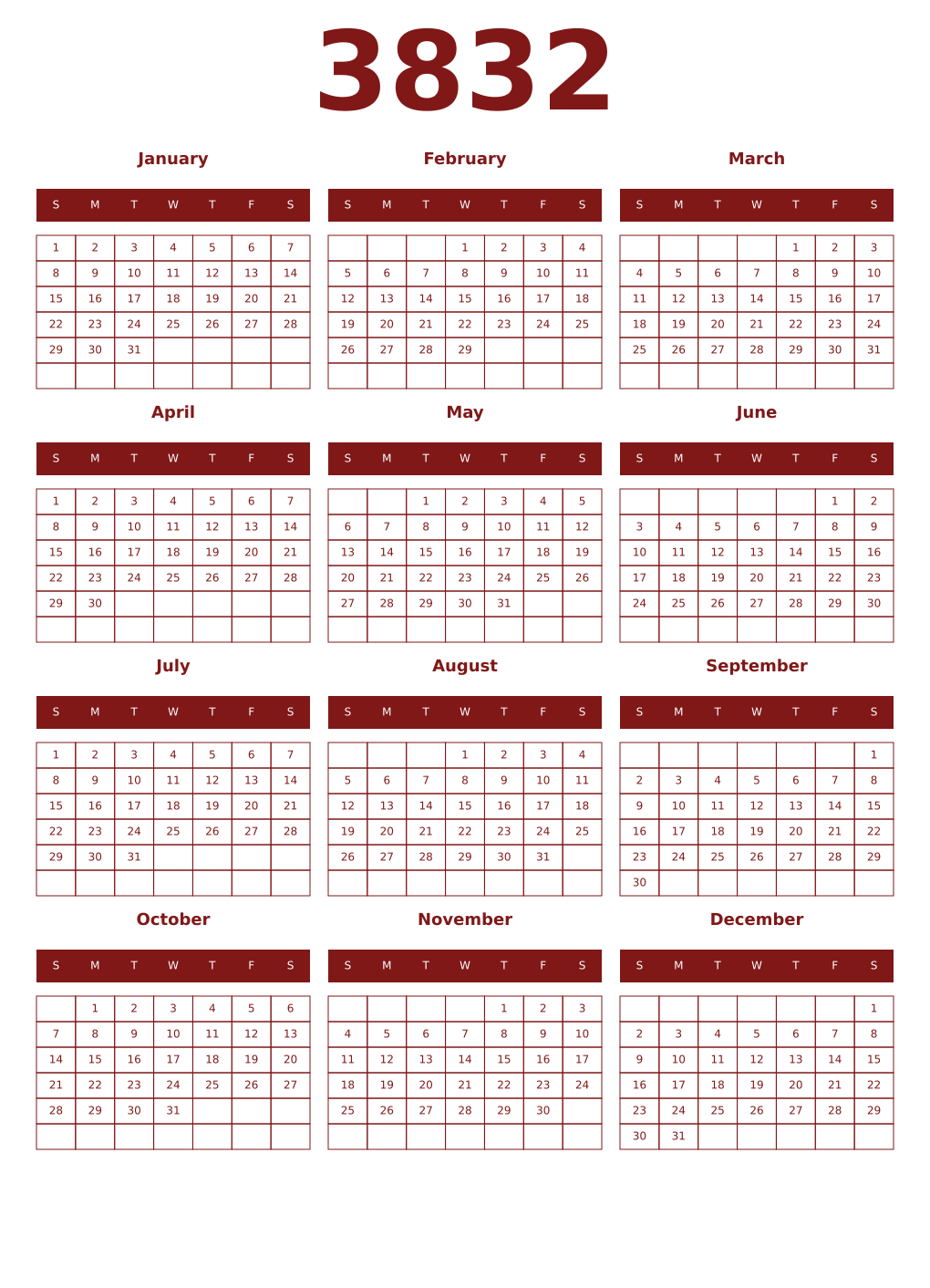 Printable 3832 Year Calendars falu