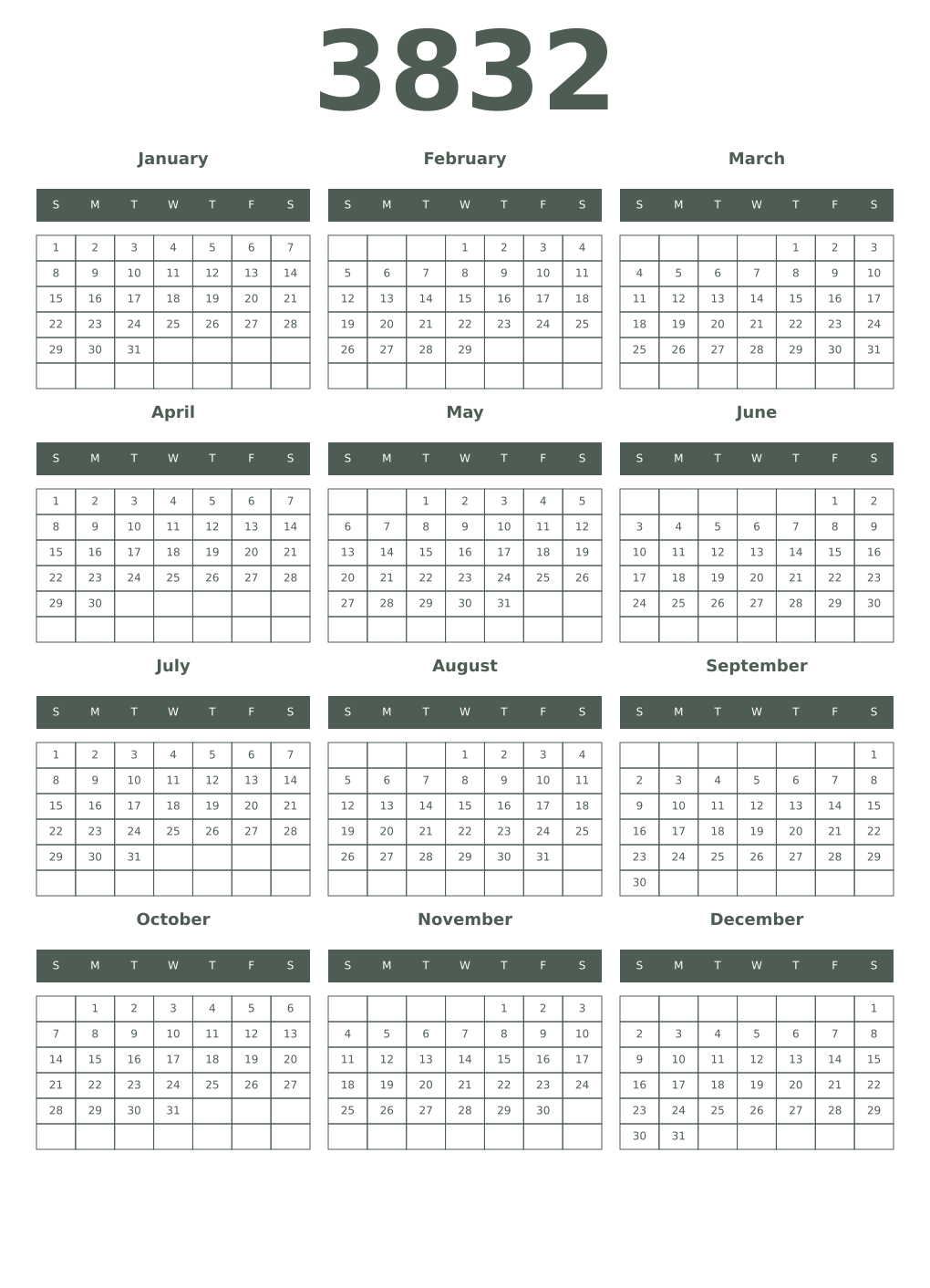 Printable 3832 Year Calendars feldgrau