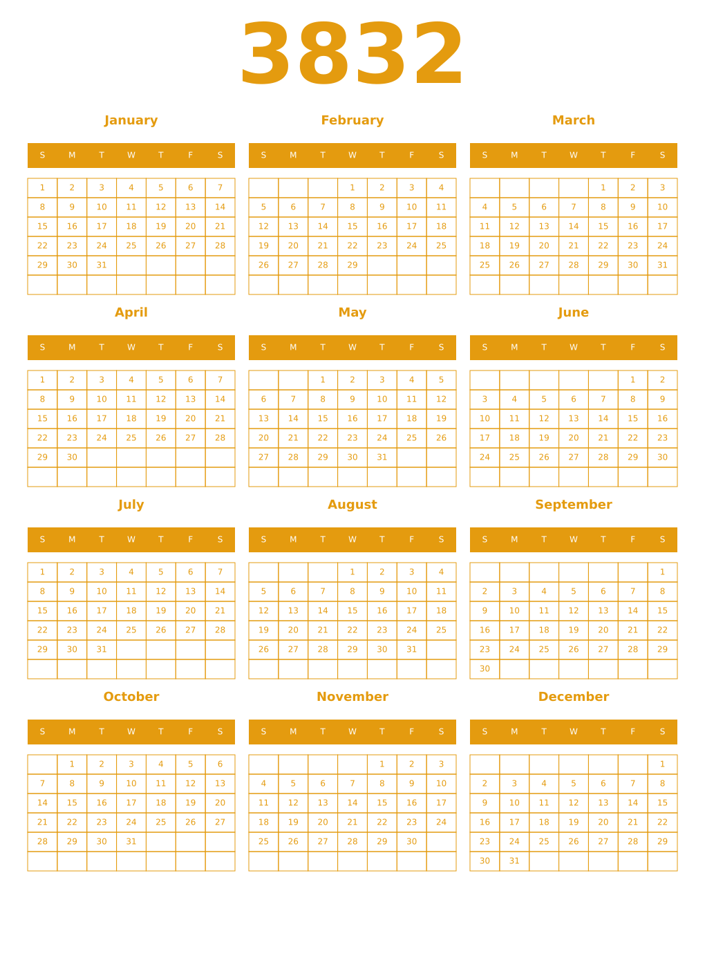 Printable 3832 Year Calendars gamboge
