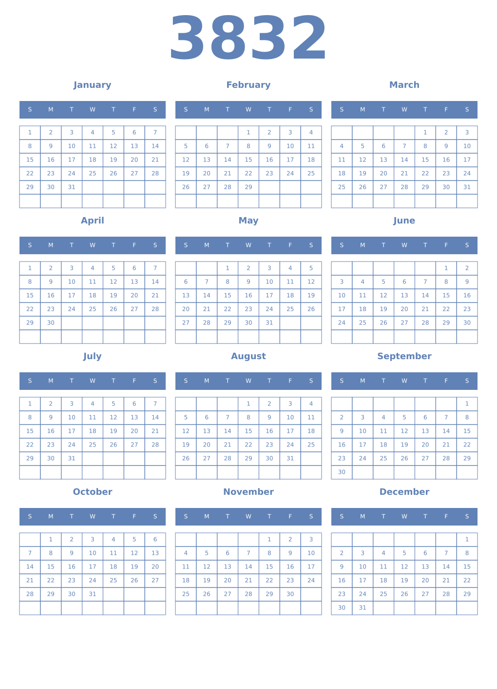 Printable 3832 Year Calendars glaucous