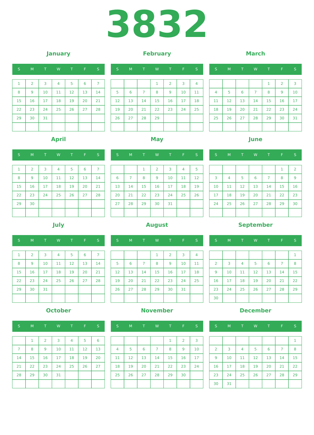Printable 3832 Year Calendars green