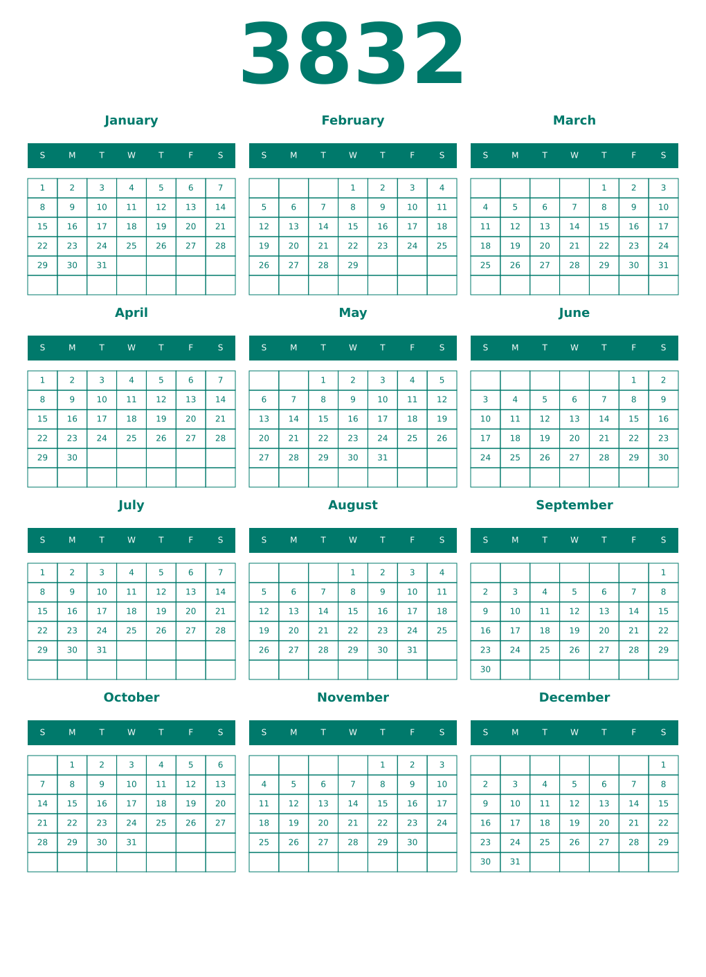 Printable 3832 Year Calendars pastel