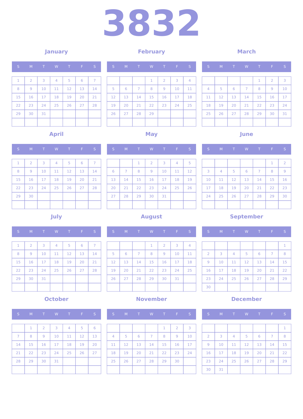 Printable 3832 Year Calendars periwinkle