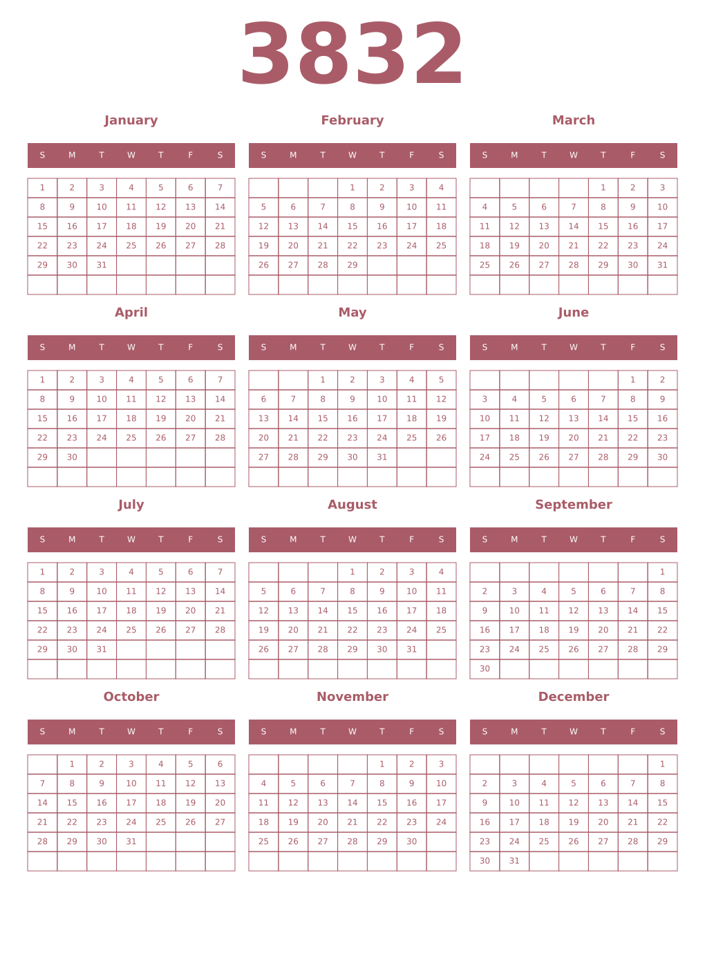 Printable 3832 Year Calendars puce