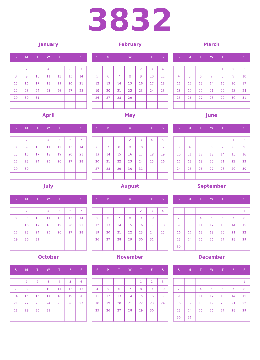 Printable 3832 Year Calendars purple