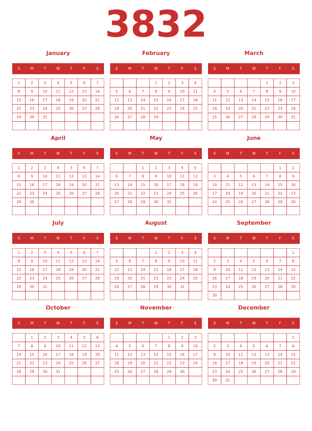 Printable 3832 Year Calendars red