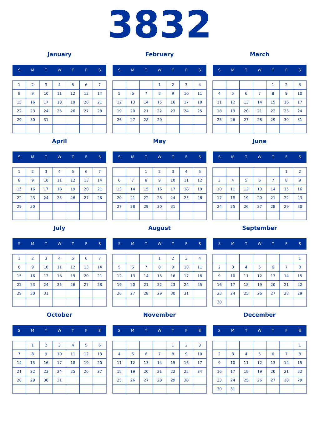 Printable 3832 Year Calendars smalt