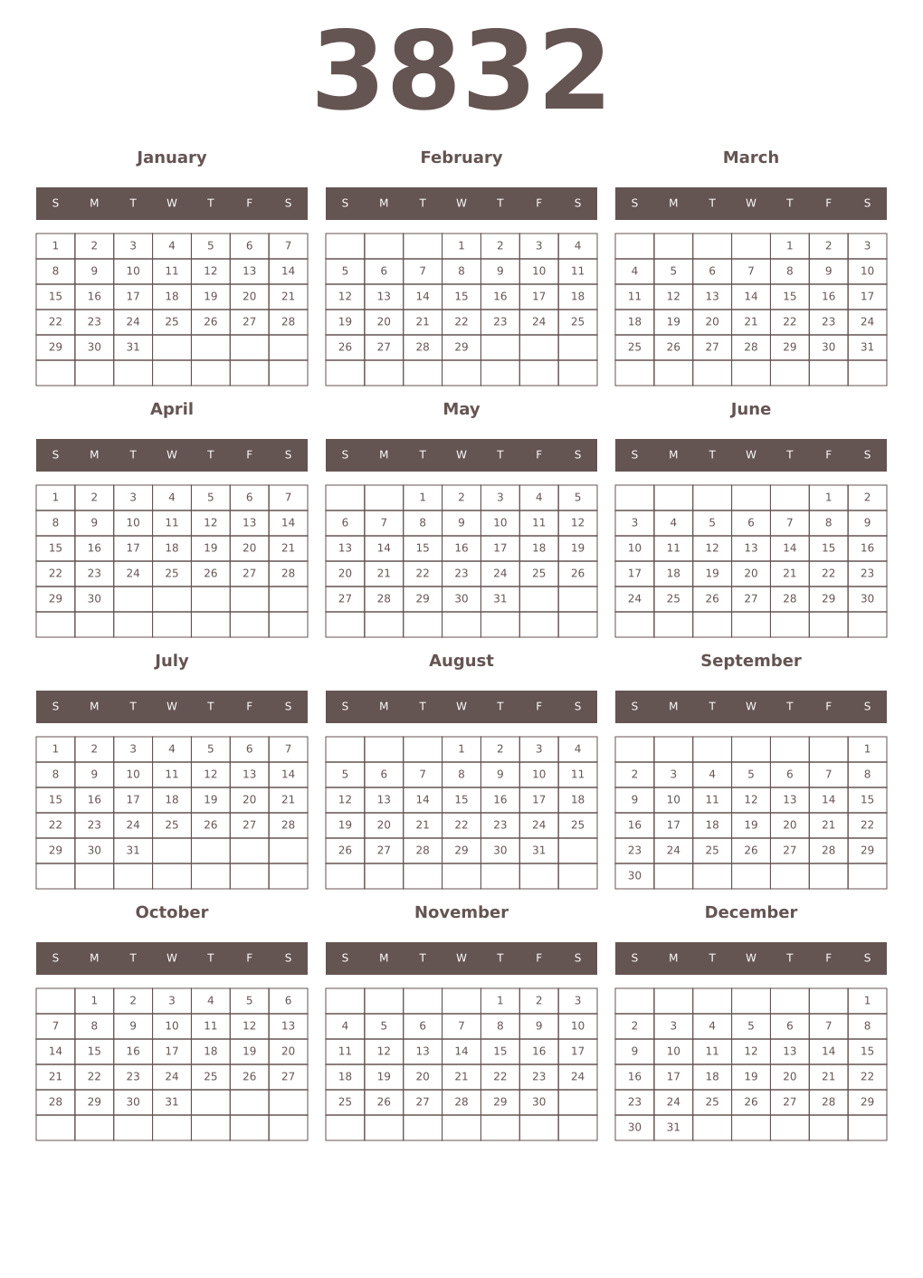 Printable 3832 Year Calendars wenge