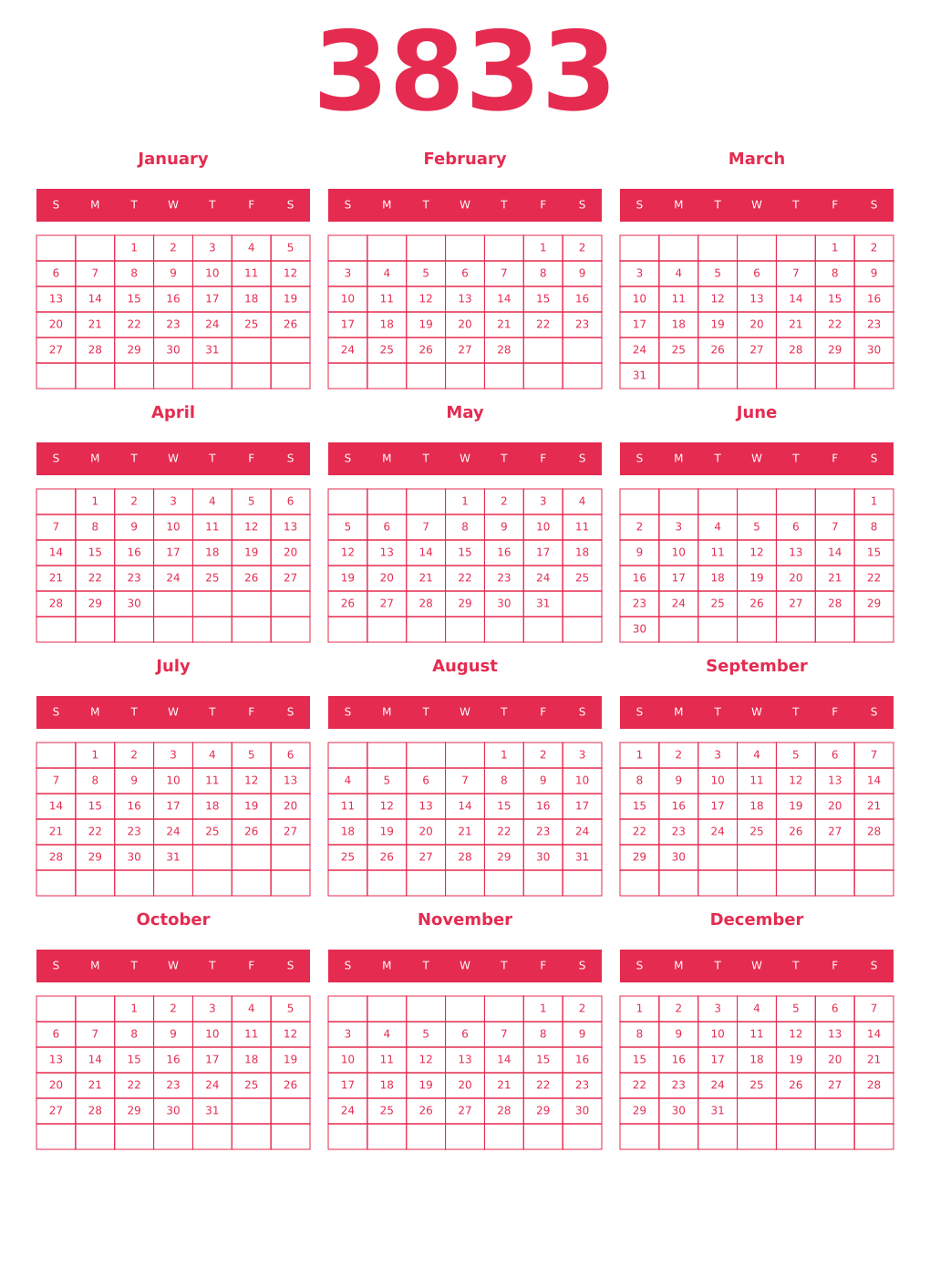 Printable 3833 Year Calendars amaranth