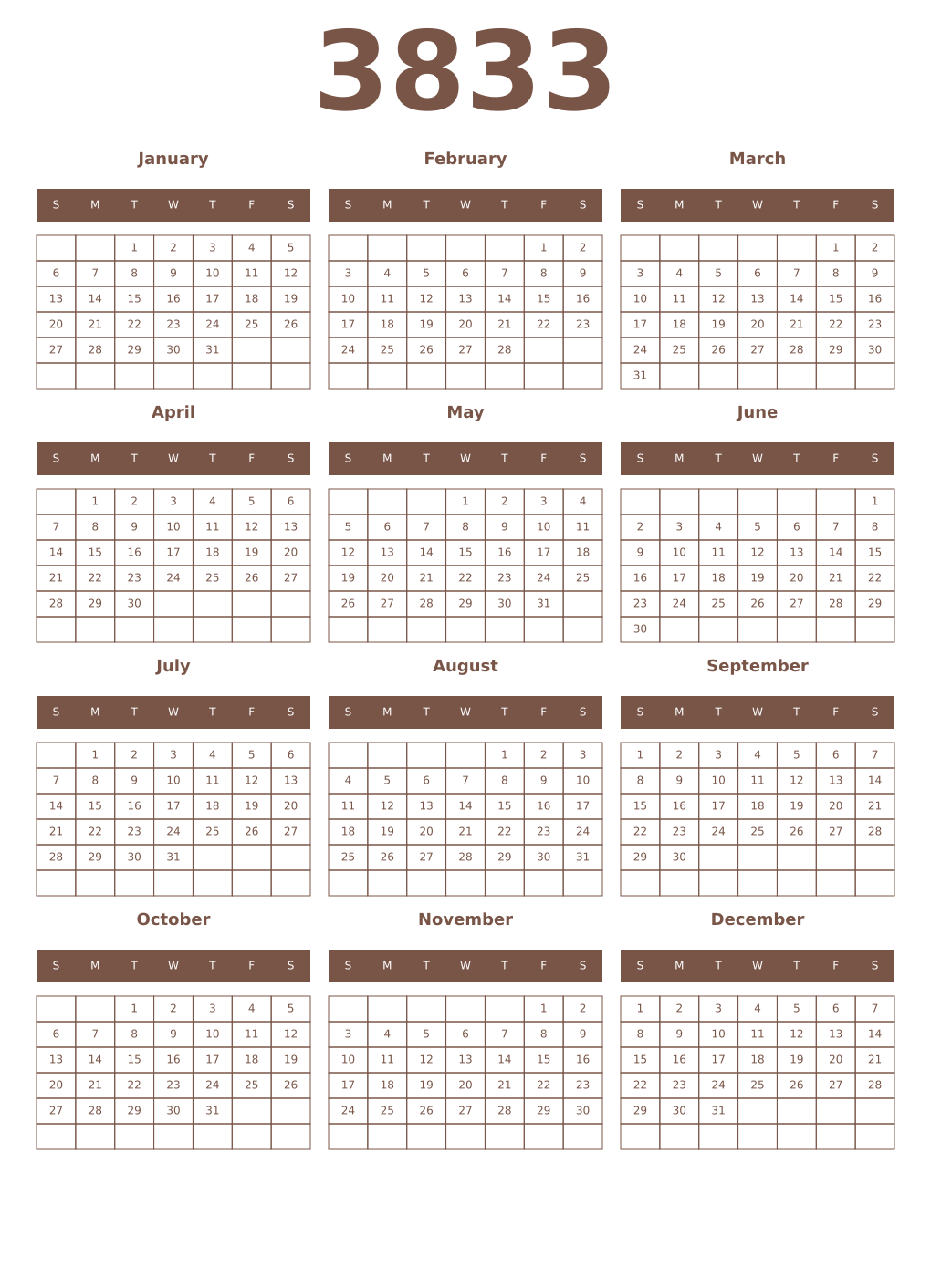 Printable 3833 Year Calendars coffe