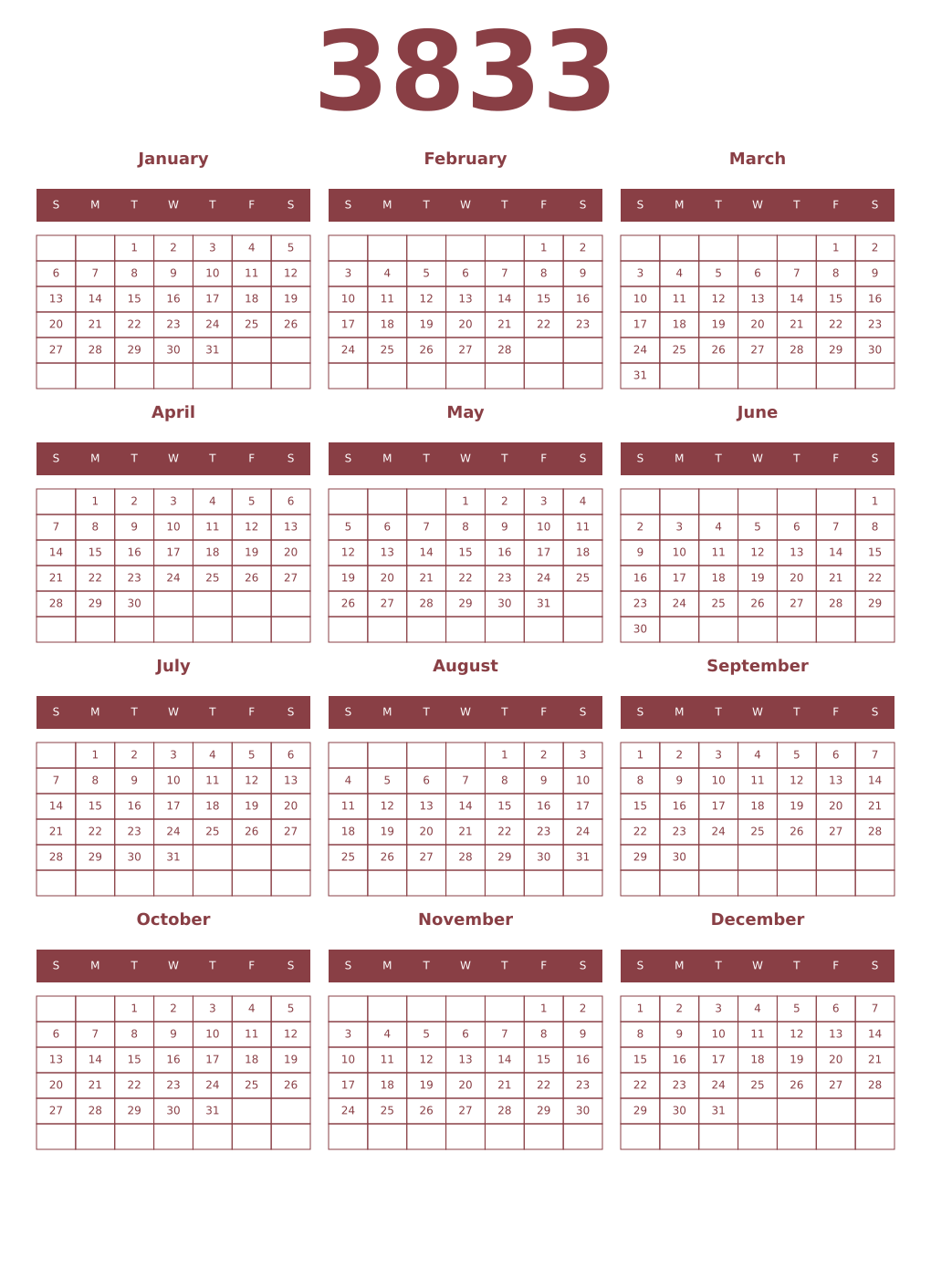 Printable 3833 Year Calendars cordovan