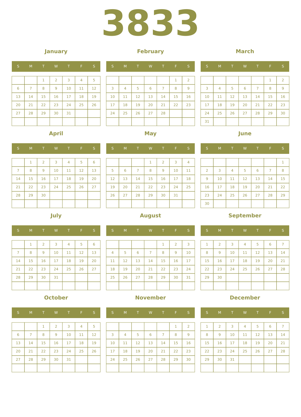Printable 3833 Year Calendars eburnean
