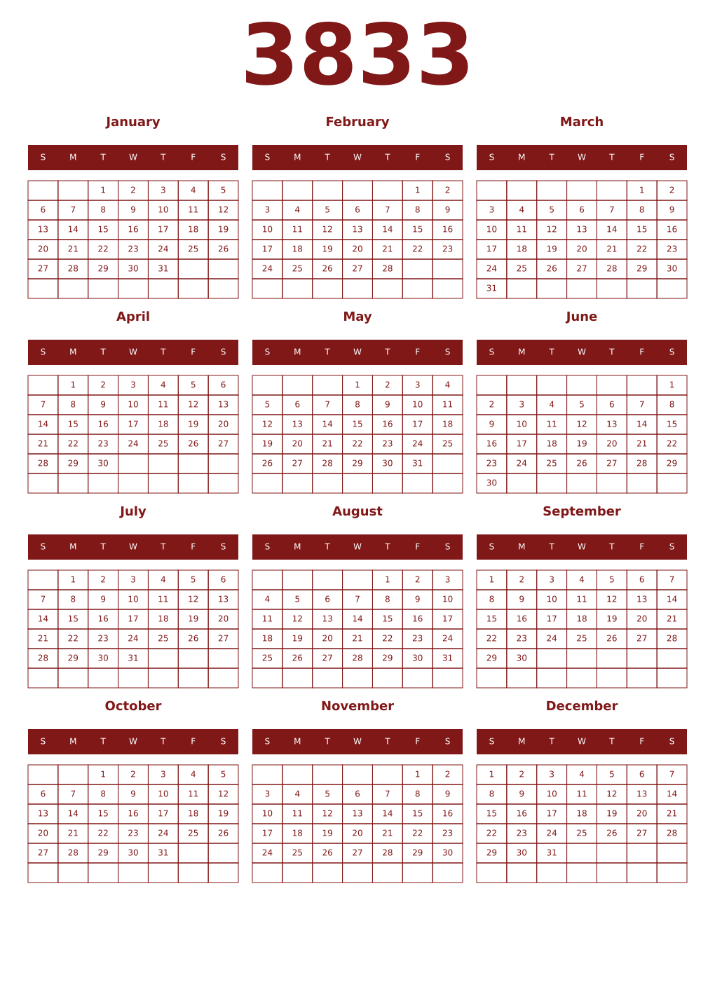 Printable 3833 Year Calendars falu