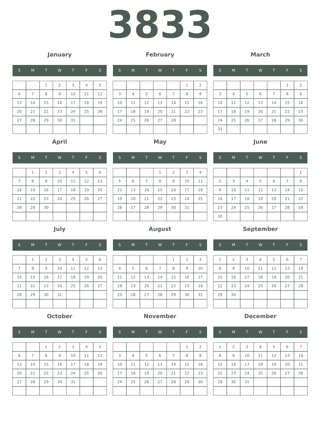 Printable 3833 Year Calendars feldgrau