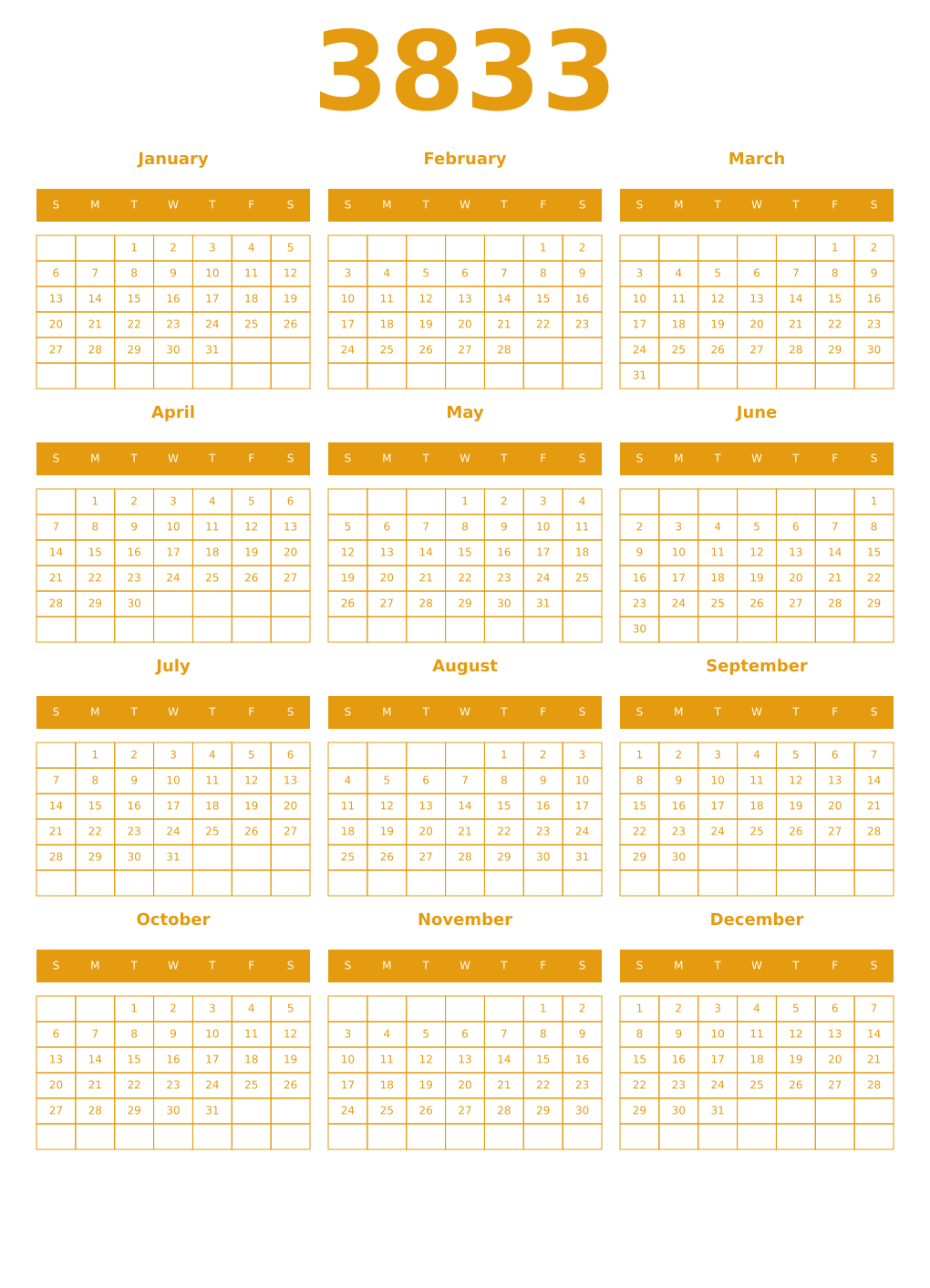 Printable 3833 Year Calendars gamboge