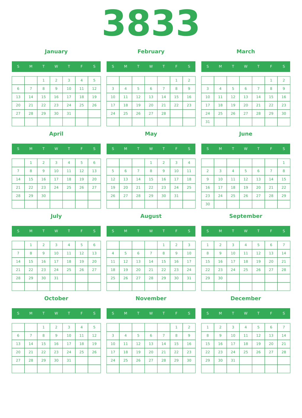 Printable 3833 Year Calendars green