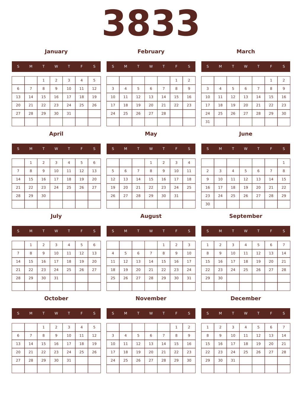 Printable 3833 Year Calendars mortuum