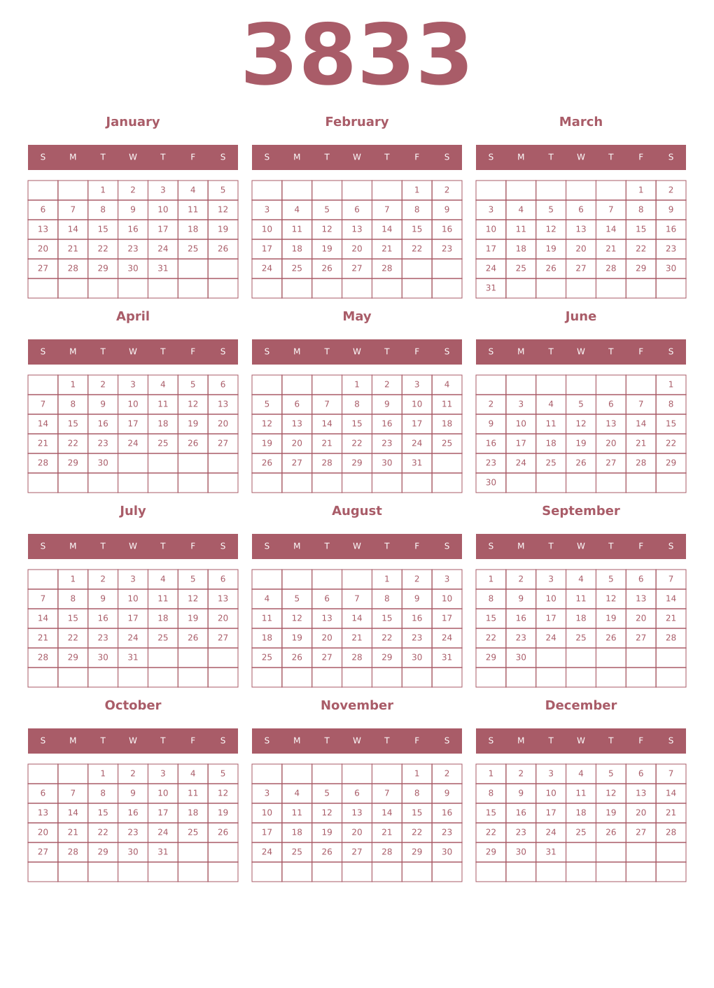 Printable 3833 Year Calendars puce