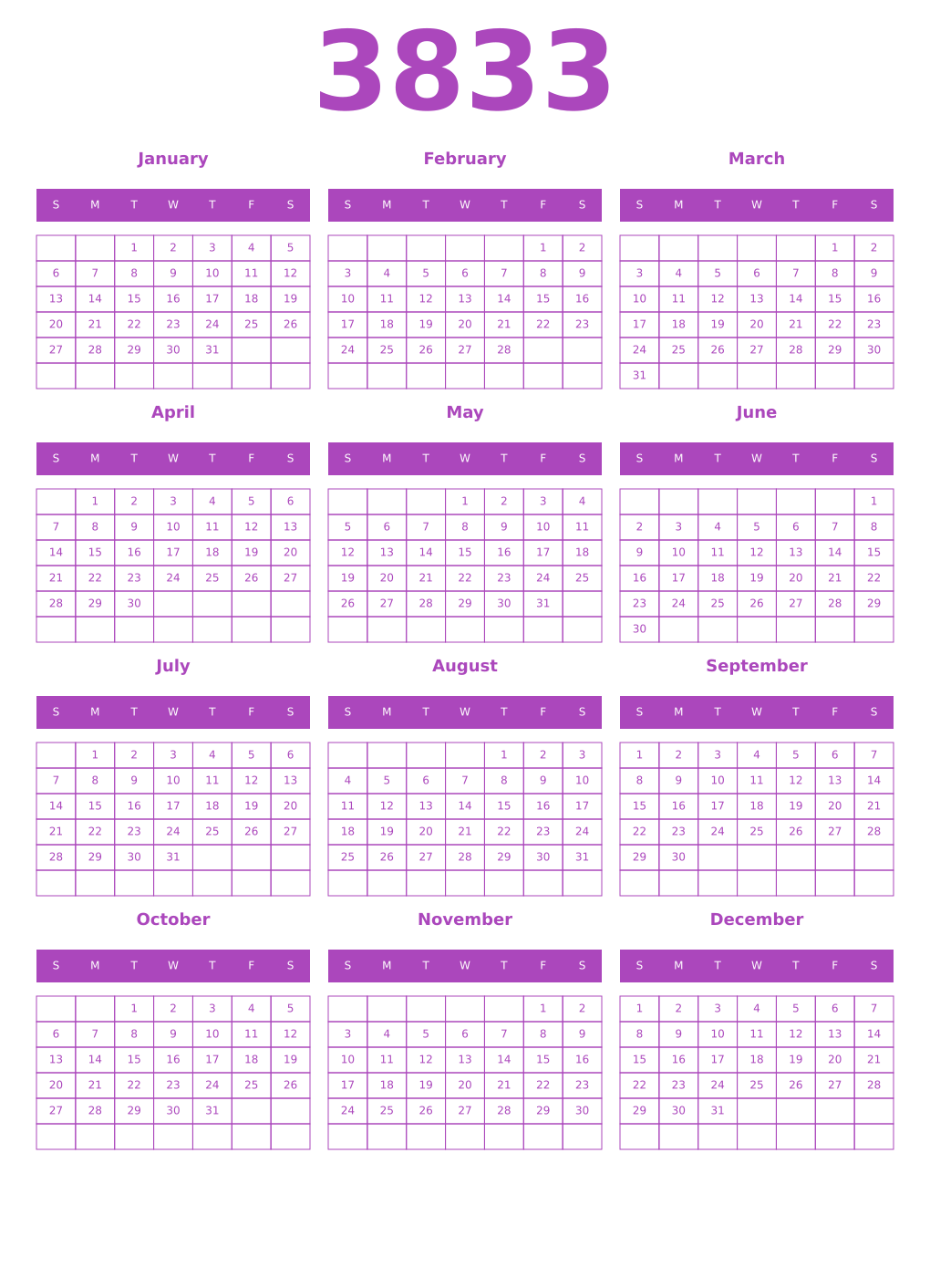 Printable 3833 Year Calendars purple